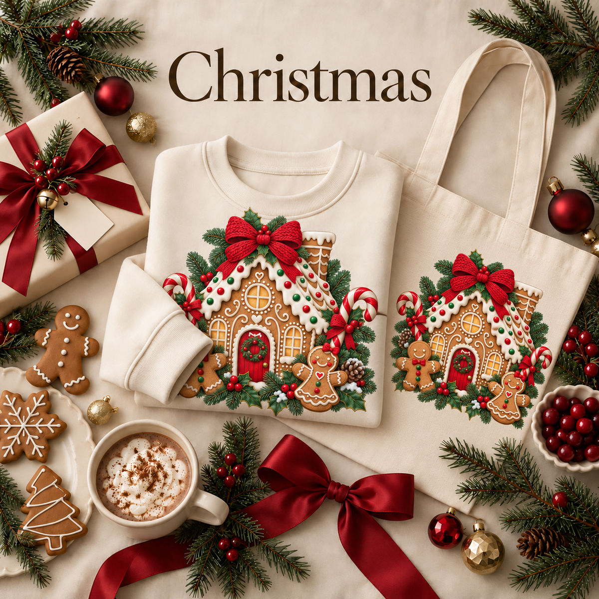 Christmas sweatshirt and canvas tote with centered gingerbread house artwork
