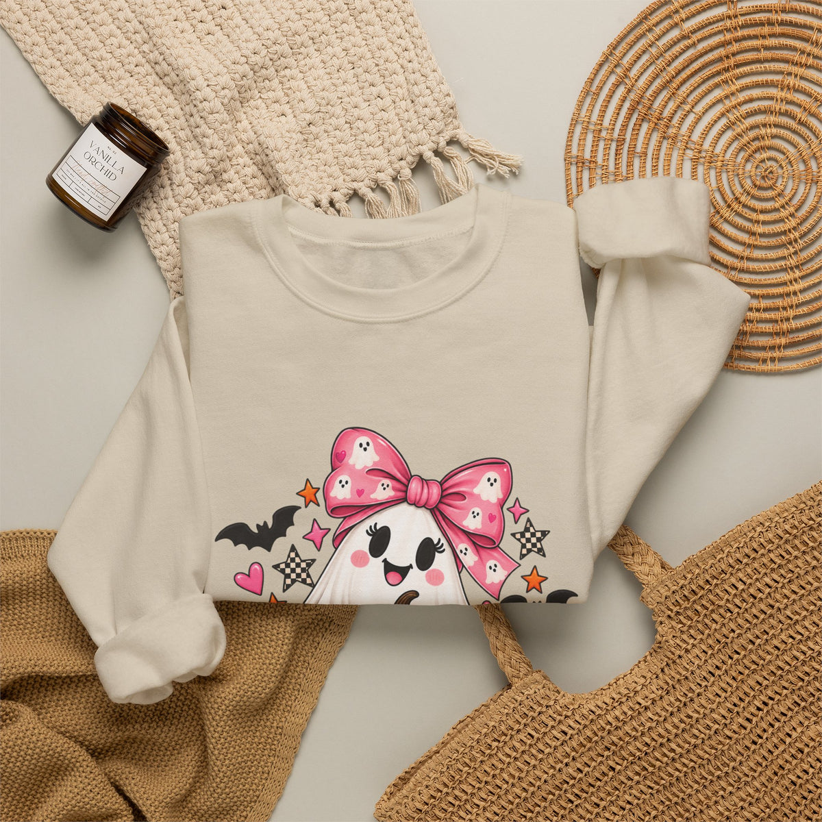 Cute Ghost Halloween Sweatshirt Pink Bow Pumpkin Crewneck