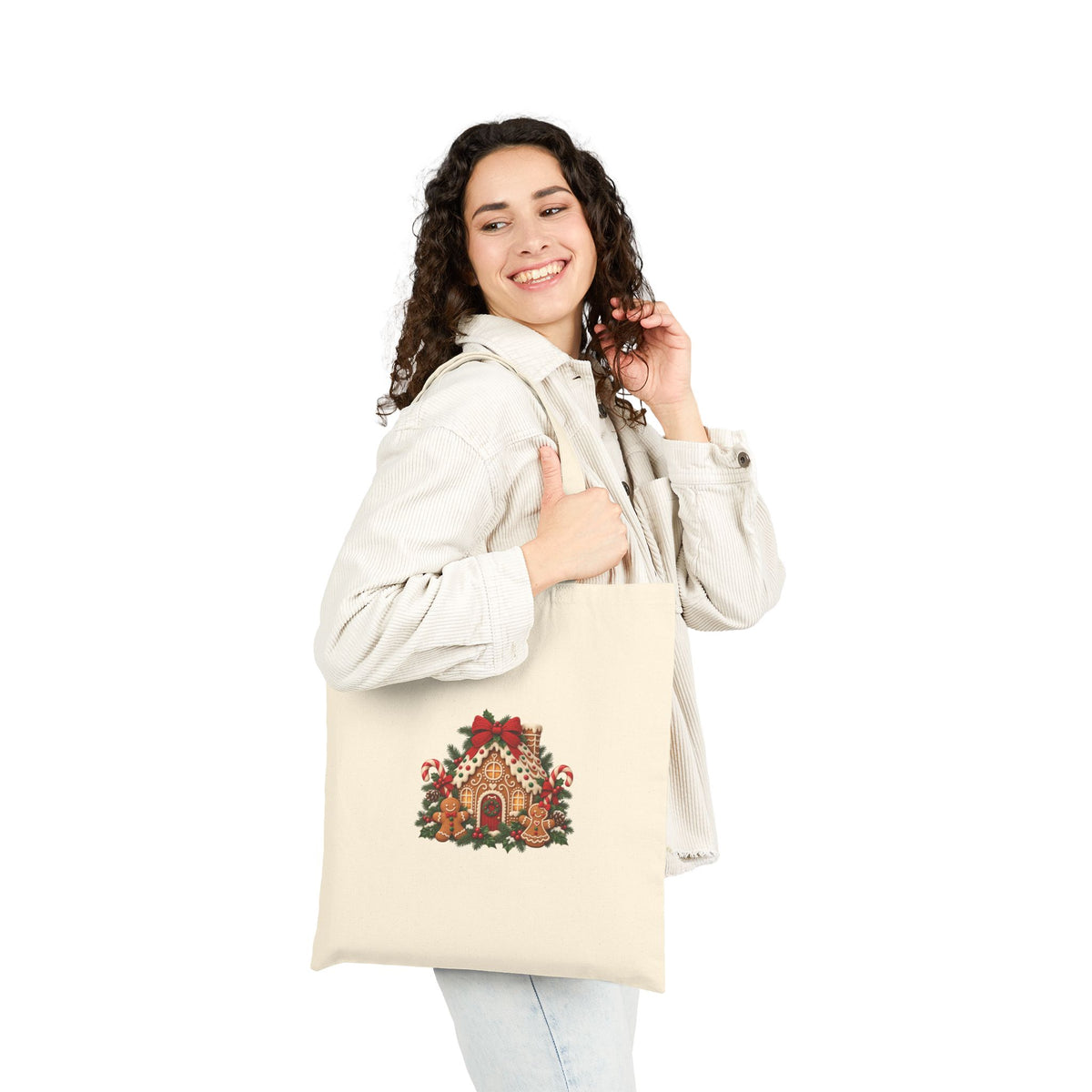 Gingerbread House Christmas Canvas Tote Bag | Red Bow Holiday Market Bag