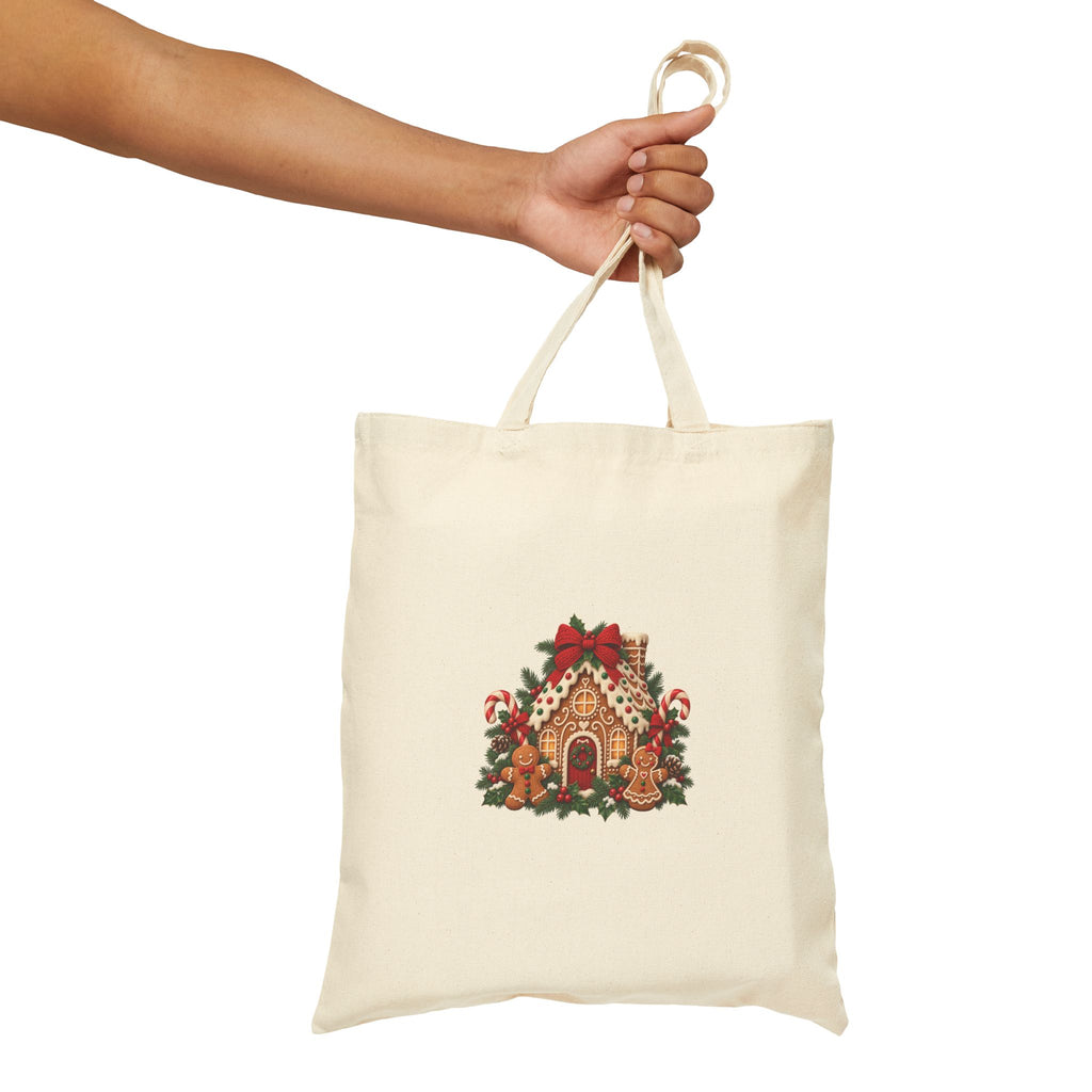 Gingerbread House Christmas Canvas Tote Bag | Red Bow Holiday Market Bag