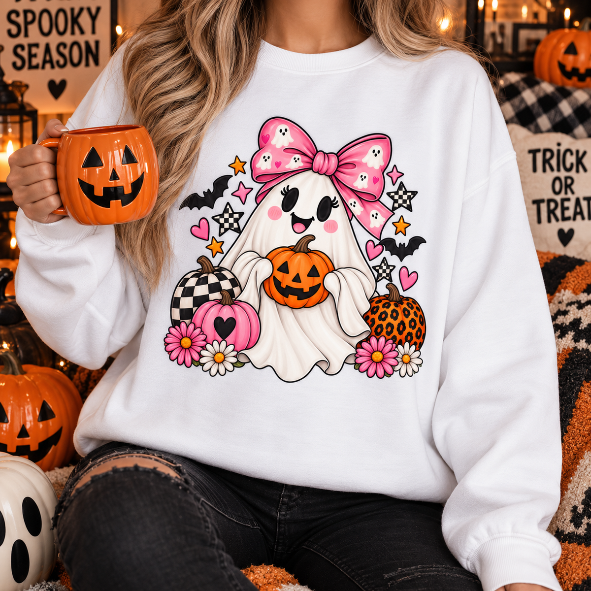 Cute Ghost Halloween Sweatshirt Pink Bow Pumpkin Crewneck