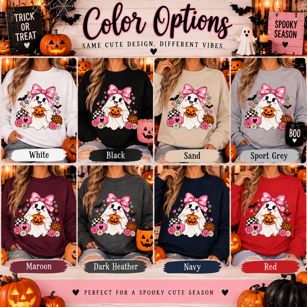 Cute Ghost Halloween Sweatshirt Pink Bow Pumpkin Crewneck