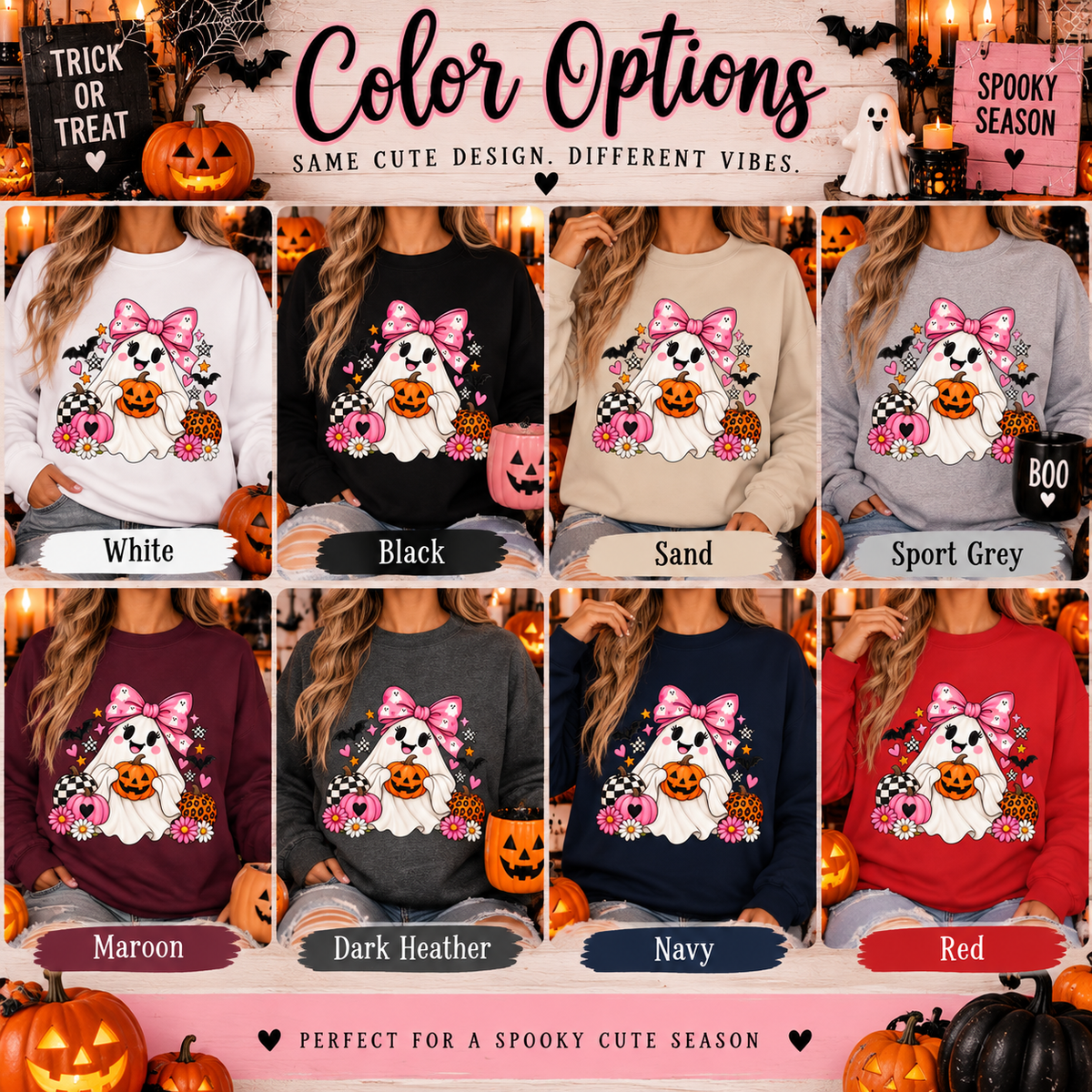 Cute Ghost Halloween Sweatshirt Pink Bow Pumpkin Crewneck