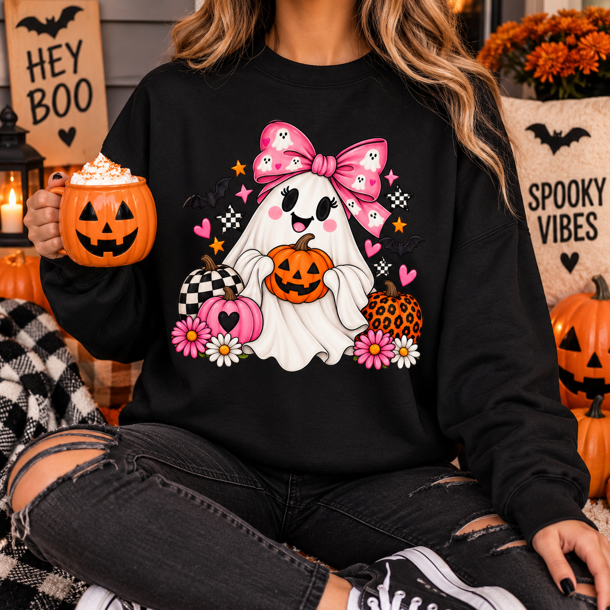 Cute Ghost Halloween Sweatshirt Pink Bow Pumpkin Crewneck