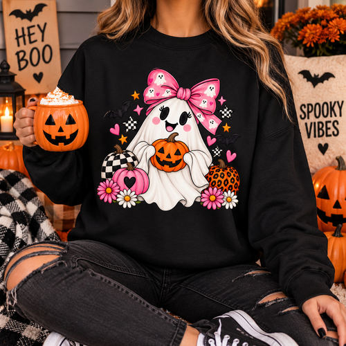 Cute Ghost Halloween Sweatshirt Pink Bow Pumpkin Crewneck