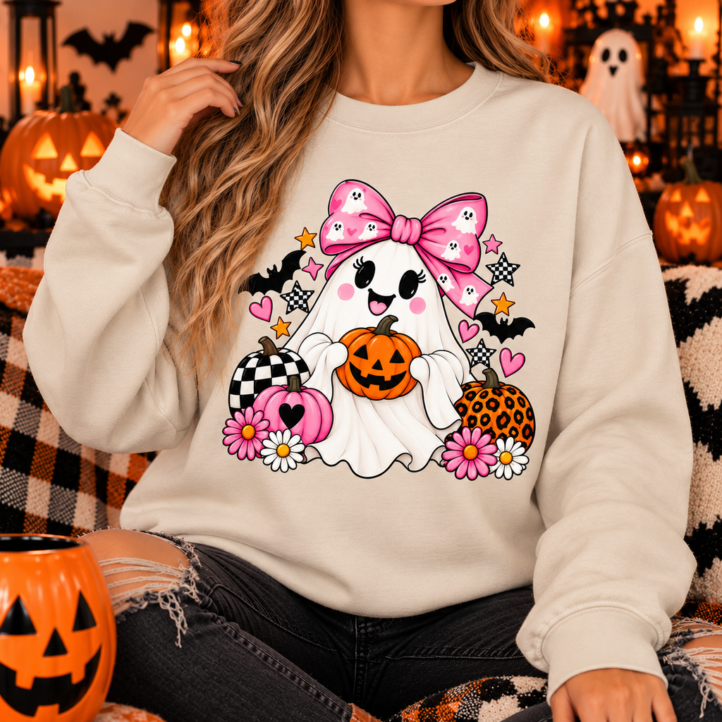 Cute Ghost Halloween Sweatshirt Pink Bow Pumpkin Crewneck
