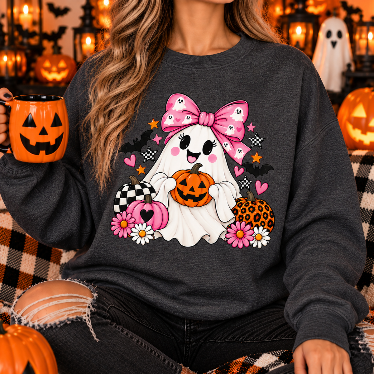 Cute Ghost Halloween Sweatshirt Pink Bow Pumpkin Crewneck