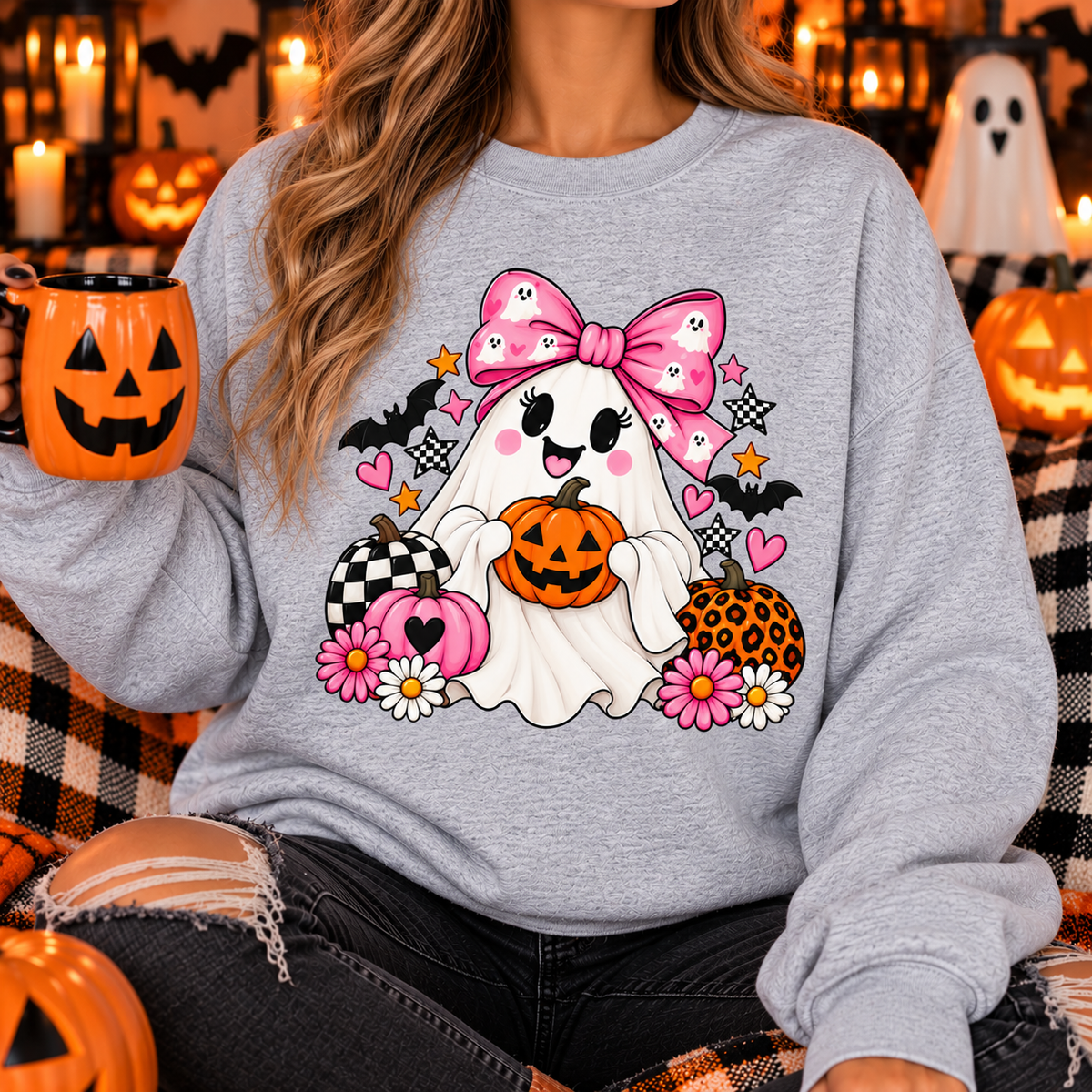 Cute Ghost Halloween Sweatshirt Pink Bow Pumpkin Crewneck