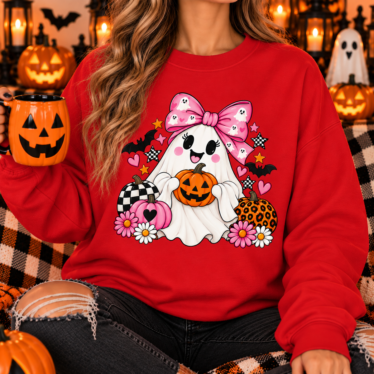 Cute Ghost Halloween Sweatshirt Pink Bow Pumpkin Crewneck