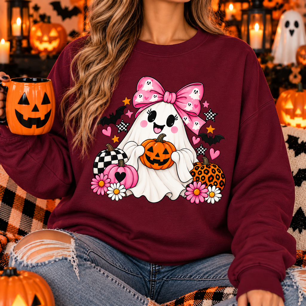 Cute Ghost Halloween Sweatshirt Pink Bow Pumpkin Crewneck