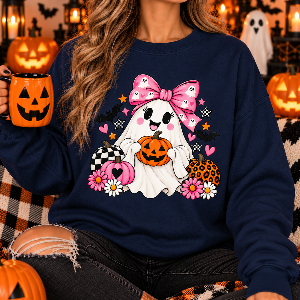 Cute Ghost Halloween Sweatshirt Pink Bow Pumpkin Crewneck