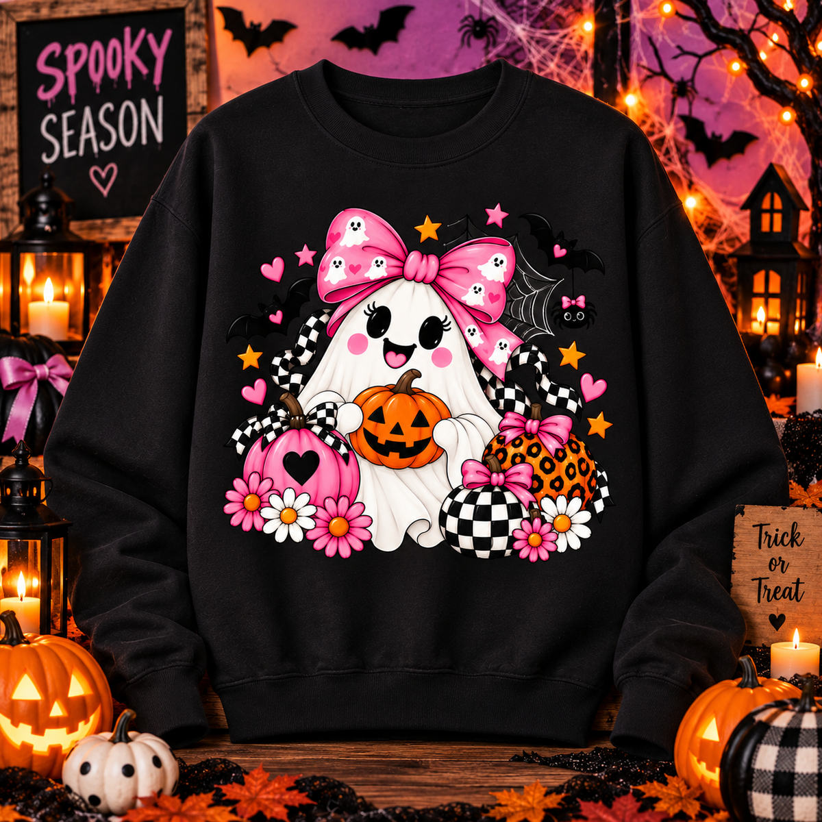 Cute Ghost Halloween Sweatshirt Pink Bow Pumpkin Crewneck