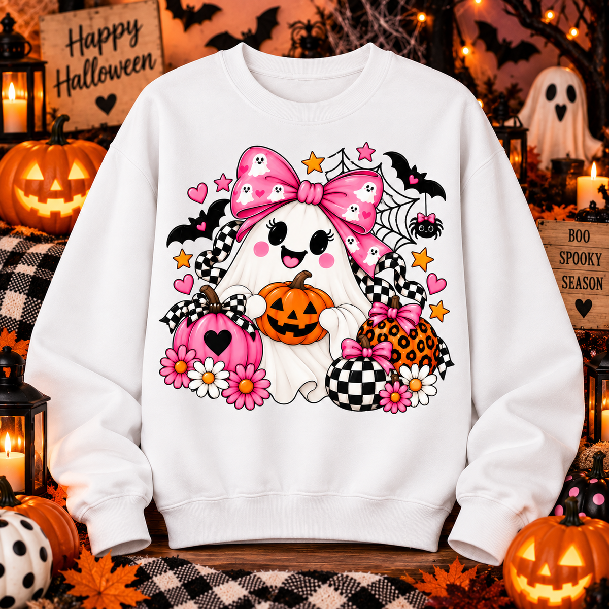 Cute Ghost Halloween Sweatshirt Pink Bow Pumpkin Crewneck