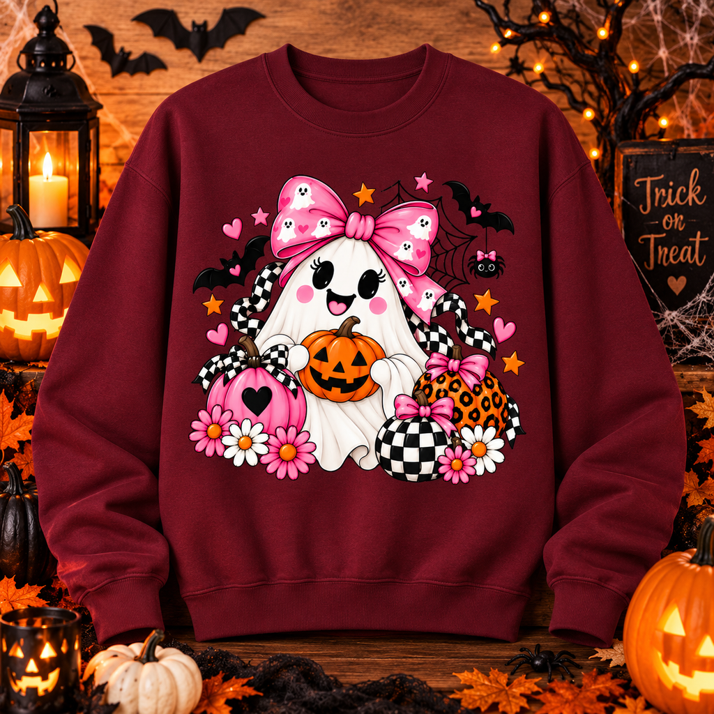 Cute Ghost Halloween Sweatshirt Pink Bow Pumpkin Crewneck