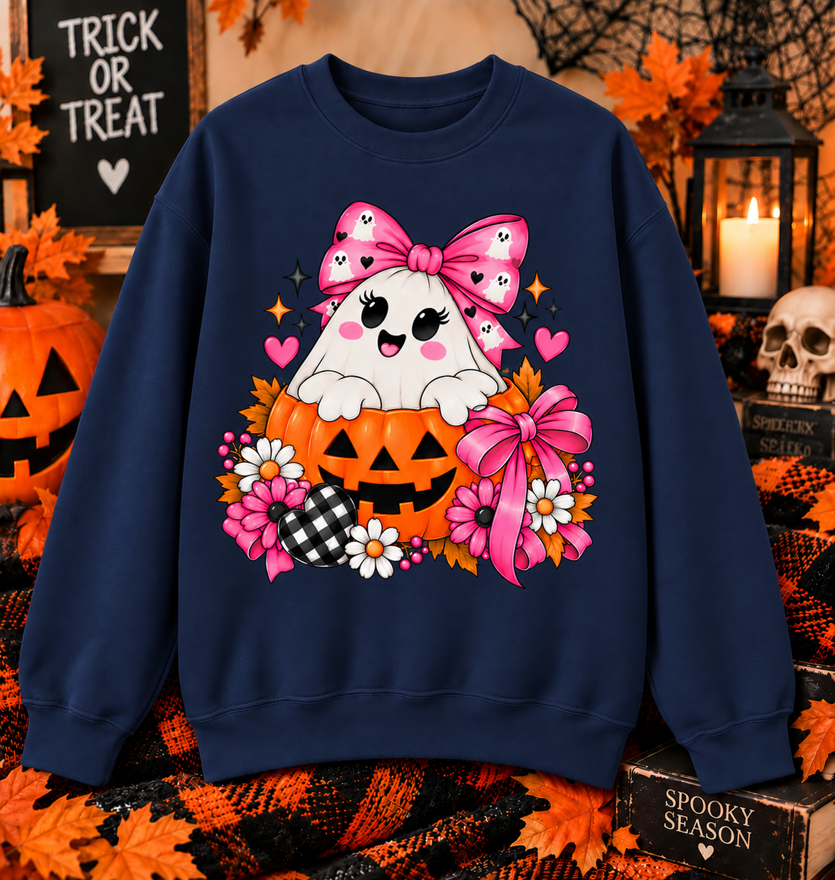 Ghost in a Pumpkin Halloween Sweatshirt | Pink Bow Crewneck