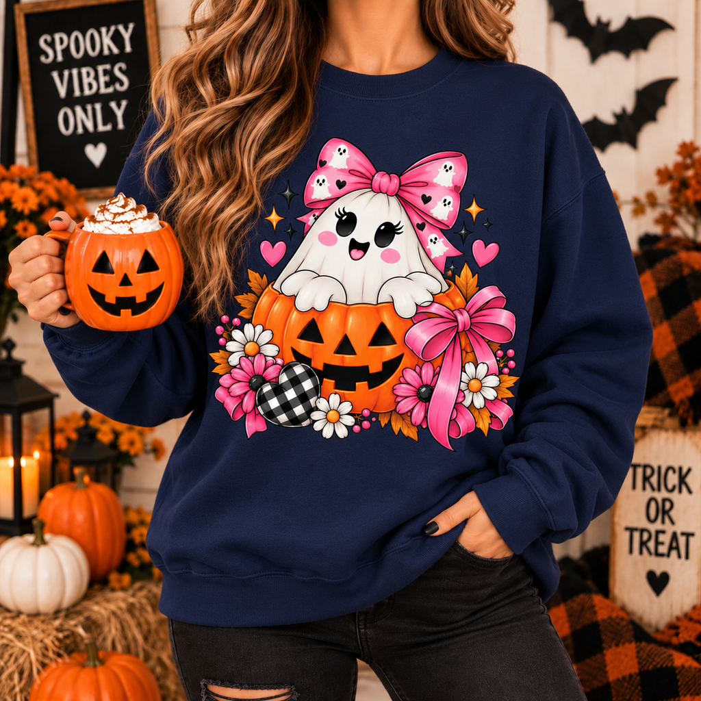 Ghost in a Pumpkin Halloween Sweatshirt | Pink Bow Crewneck