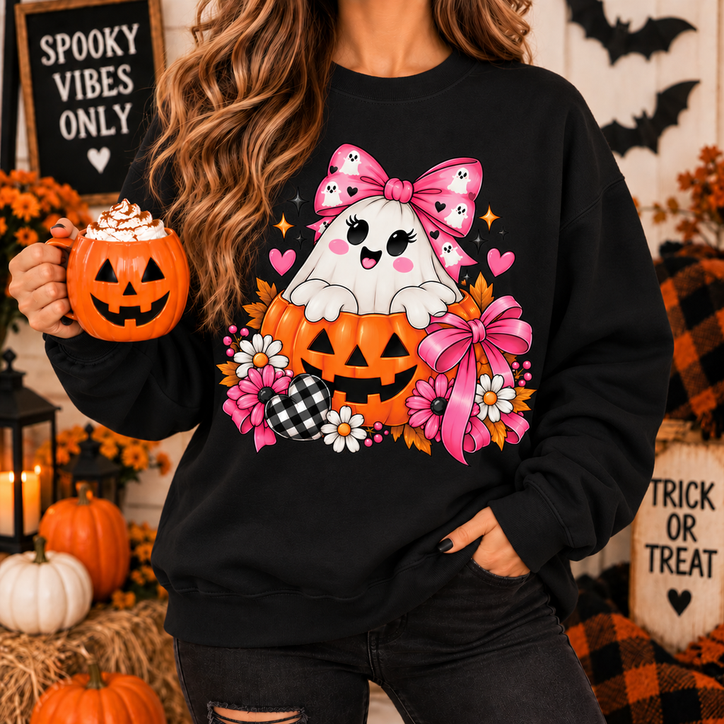 Ghost in a Pumpkin Halloween Sweatshirt | Pink Bow Crewneck