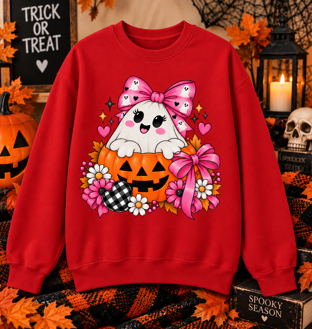 Ghost in a Pumpkin Halloween Sweatshirt | Pink Bow Crewneck