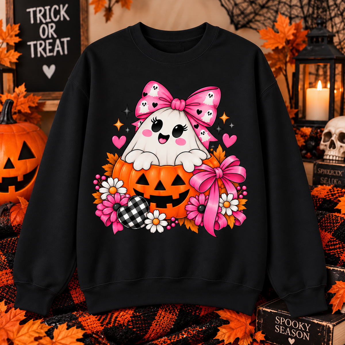 Ghost in a Pumpkin Halloween Sweatshirt | Pink Bow Crewneck