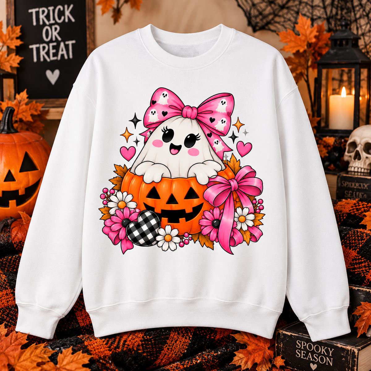Ghost in a Pumpkin Halloween Sweatshirt | Pink Bow Crewneck