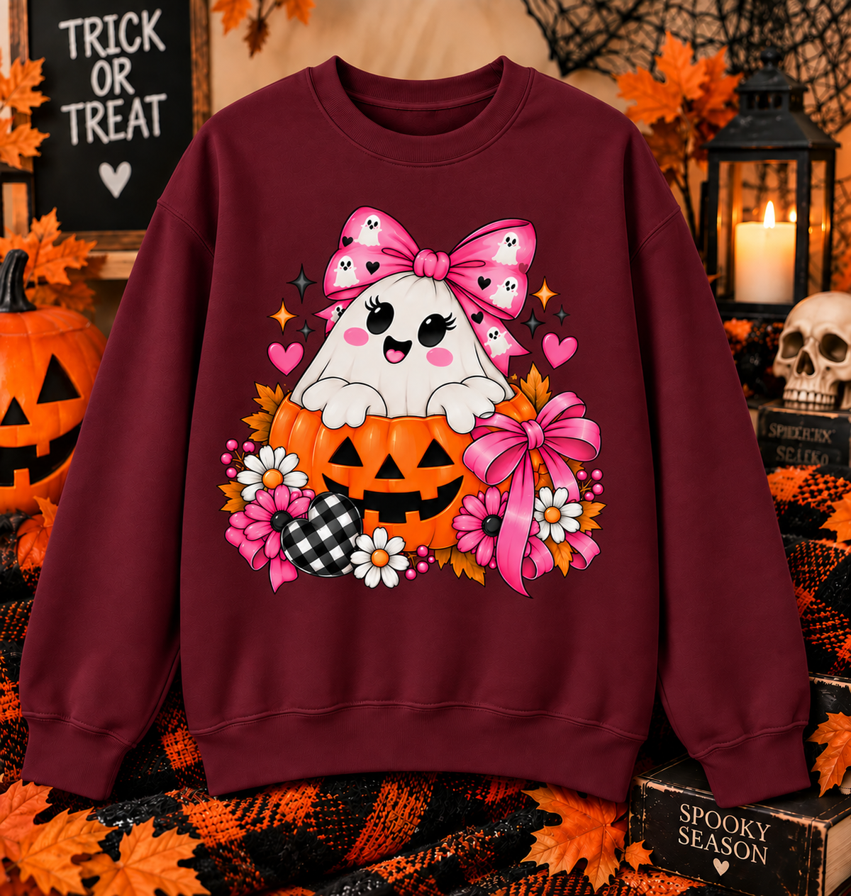 Ghost in a Pumpkin Halloween Sweatshirt | Pink Bow Crewneck