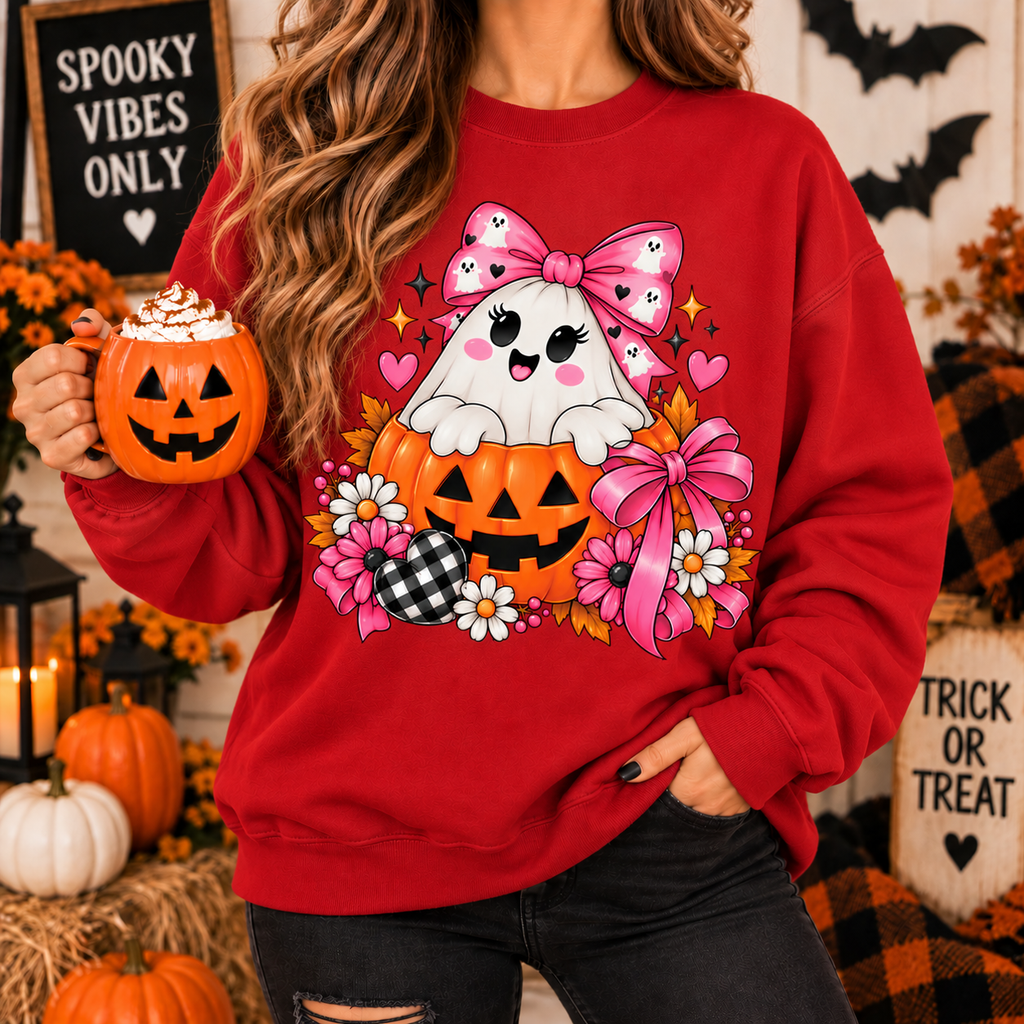 Ghost in a Pumpkin Halloween Sweatshirt | Pink Bow Crewneck