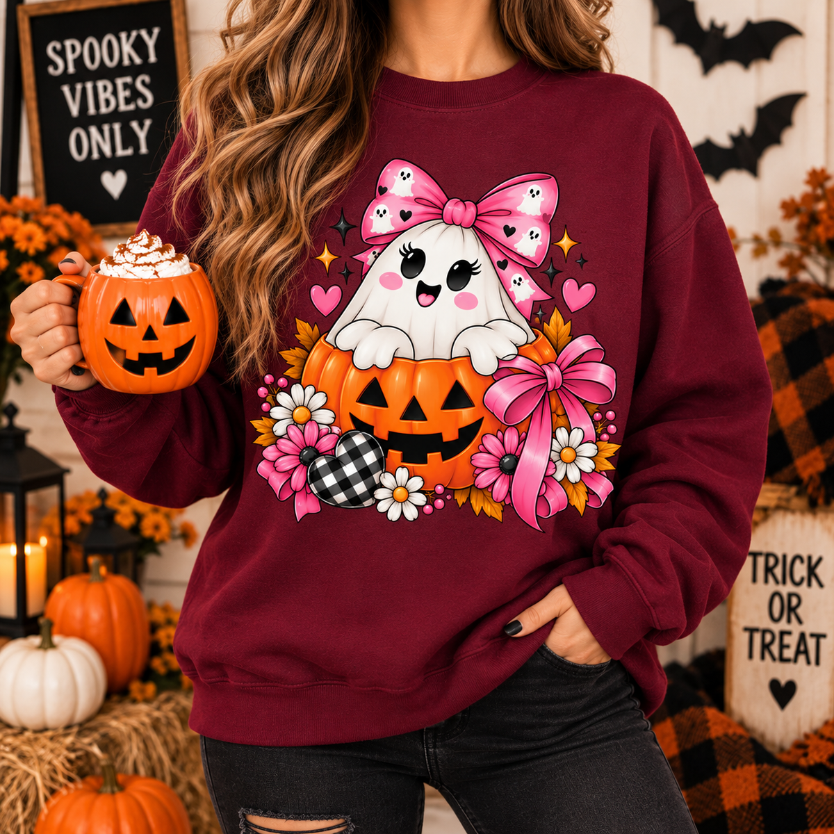 Ghost in a Pumpkin Halloween Sweatshirt | Pink Bow Crewneck