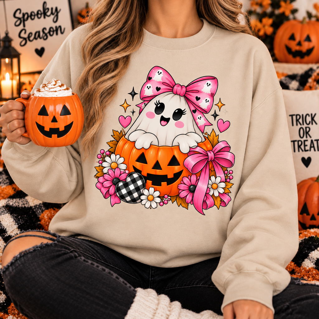 Ghost in a Pumpkin Halloween Sweatshirt | Pink Bow Crewneck