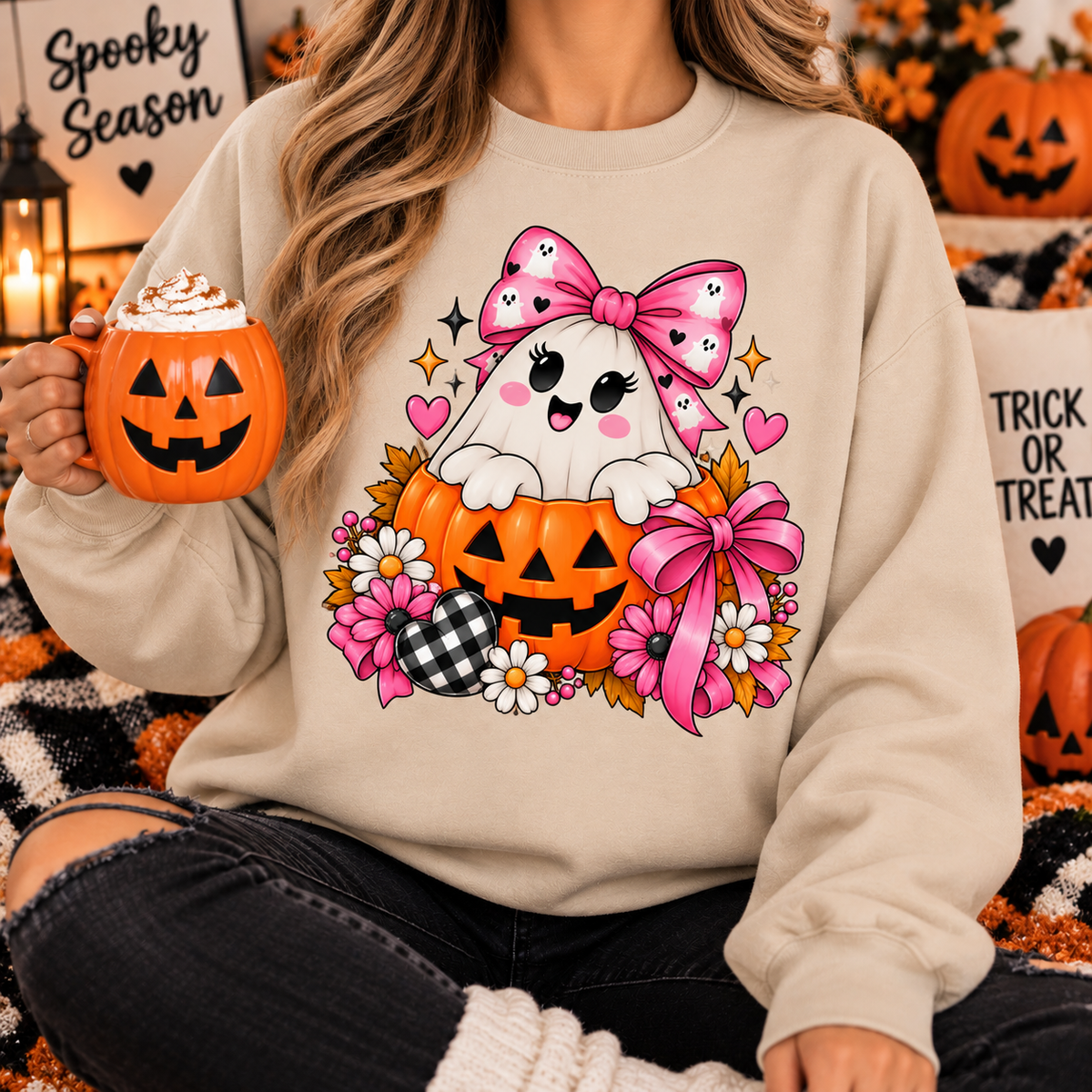 Ghost in a Pumpkin Halloween Sweatshirt | Pink Bow Crewneck