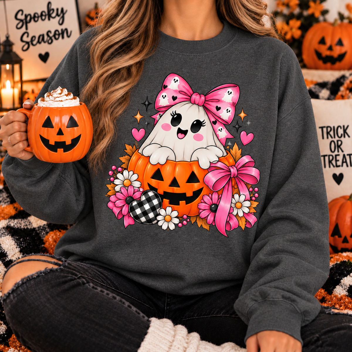 Ghost in a Pumpkin Halloween Sweatshirt | Pink Bow Crewneck