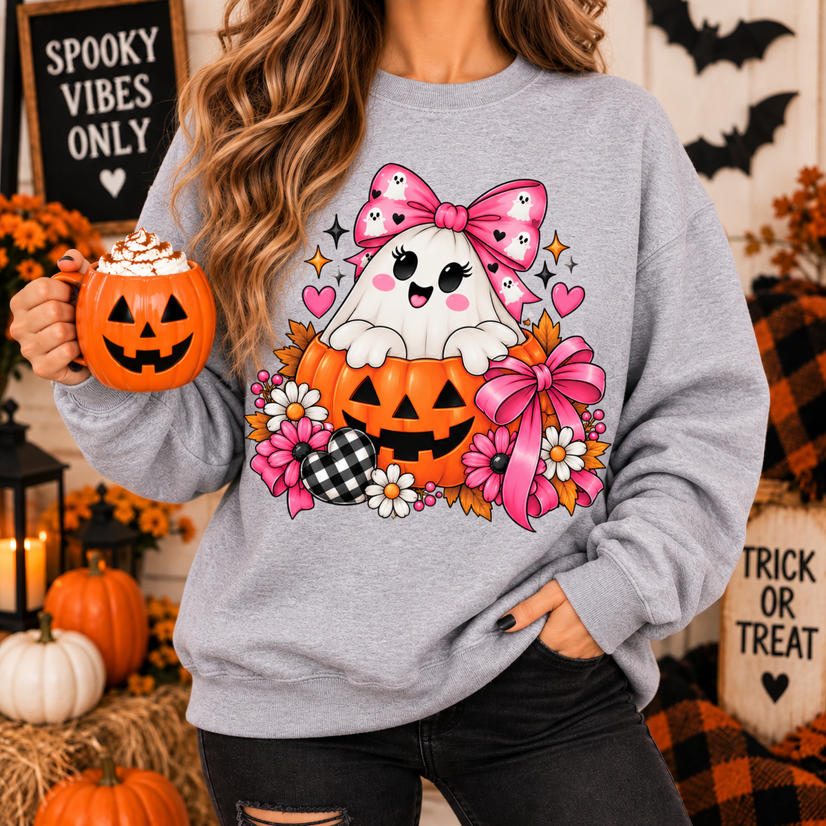 Ghost in a Pumpkin Halloween Sweatshirt | Pink Bow Crewneck
