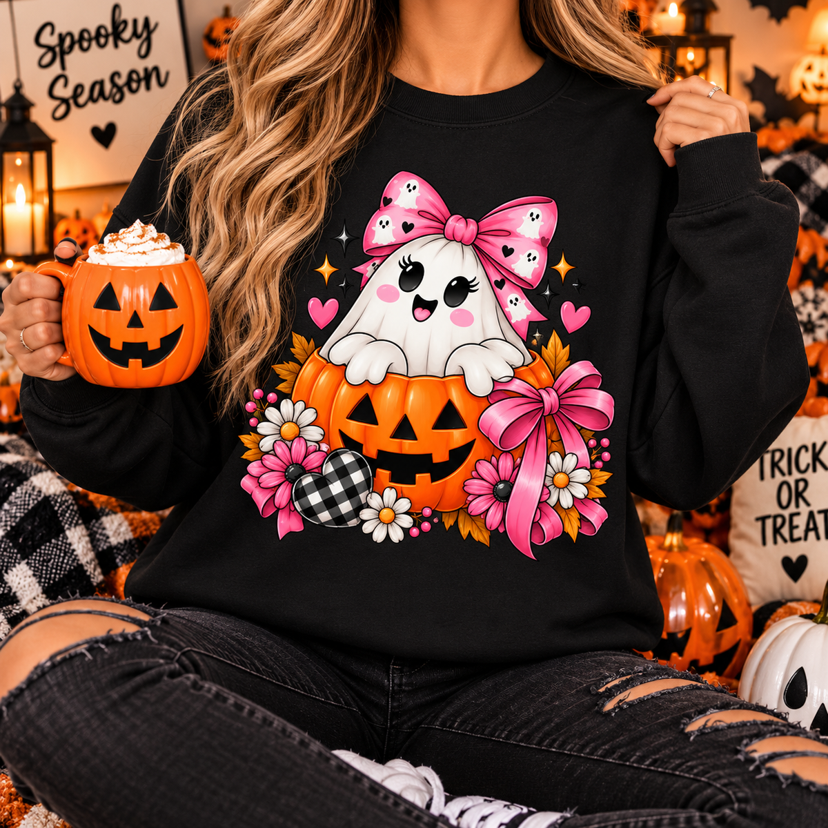 Ghost in a Pumpkin Halloween Sweatshirt | Pink Bow Crewneck