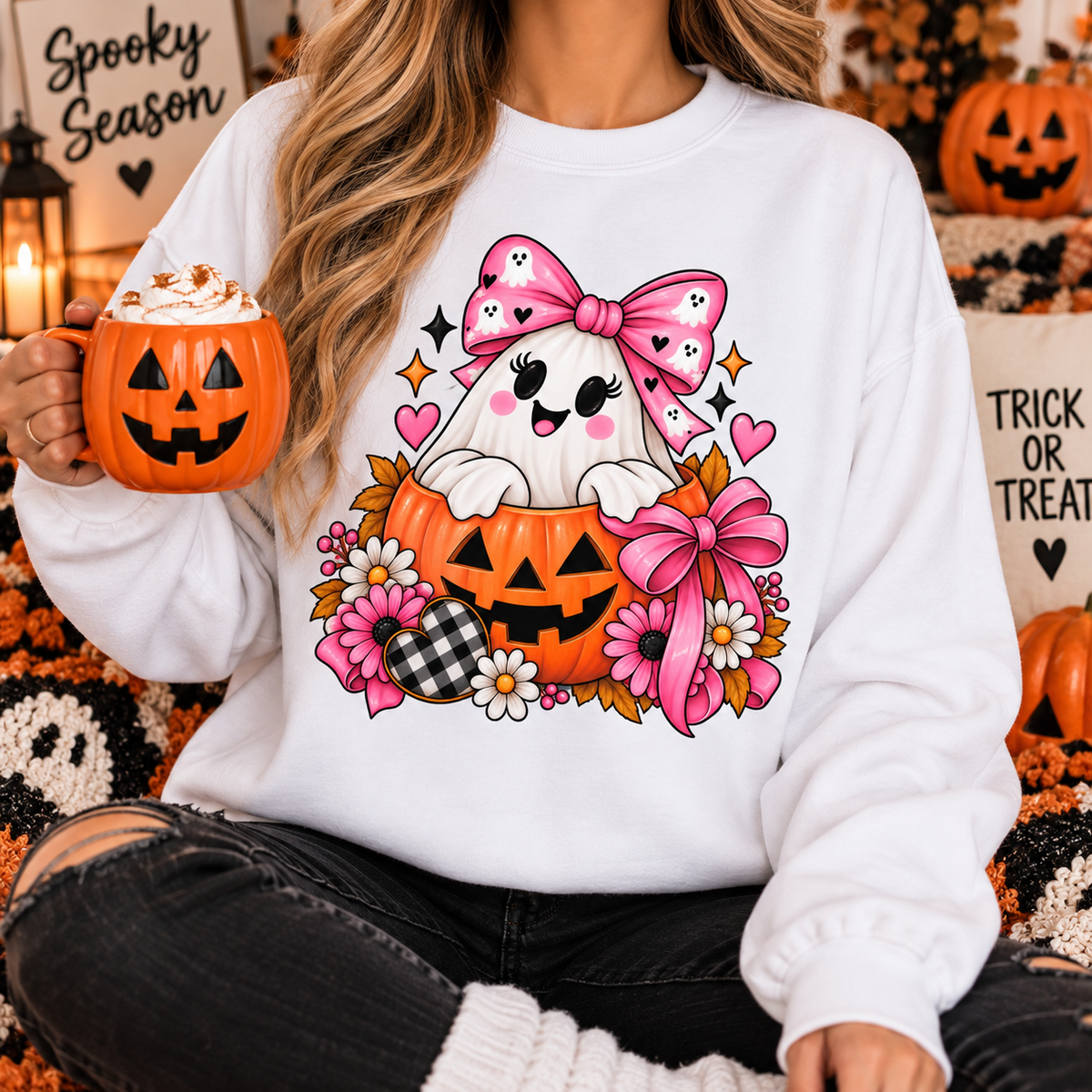 Ghost in a Pumpkin Halloween Sweatshirt | Pink Bow Crewneck