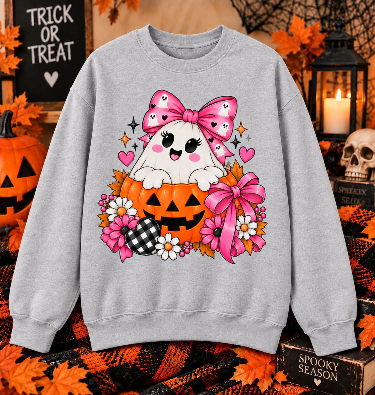 Ghost in a Pumpkin Halloween Sweatshirt | Pink Bow Crewneck