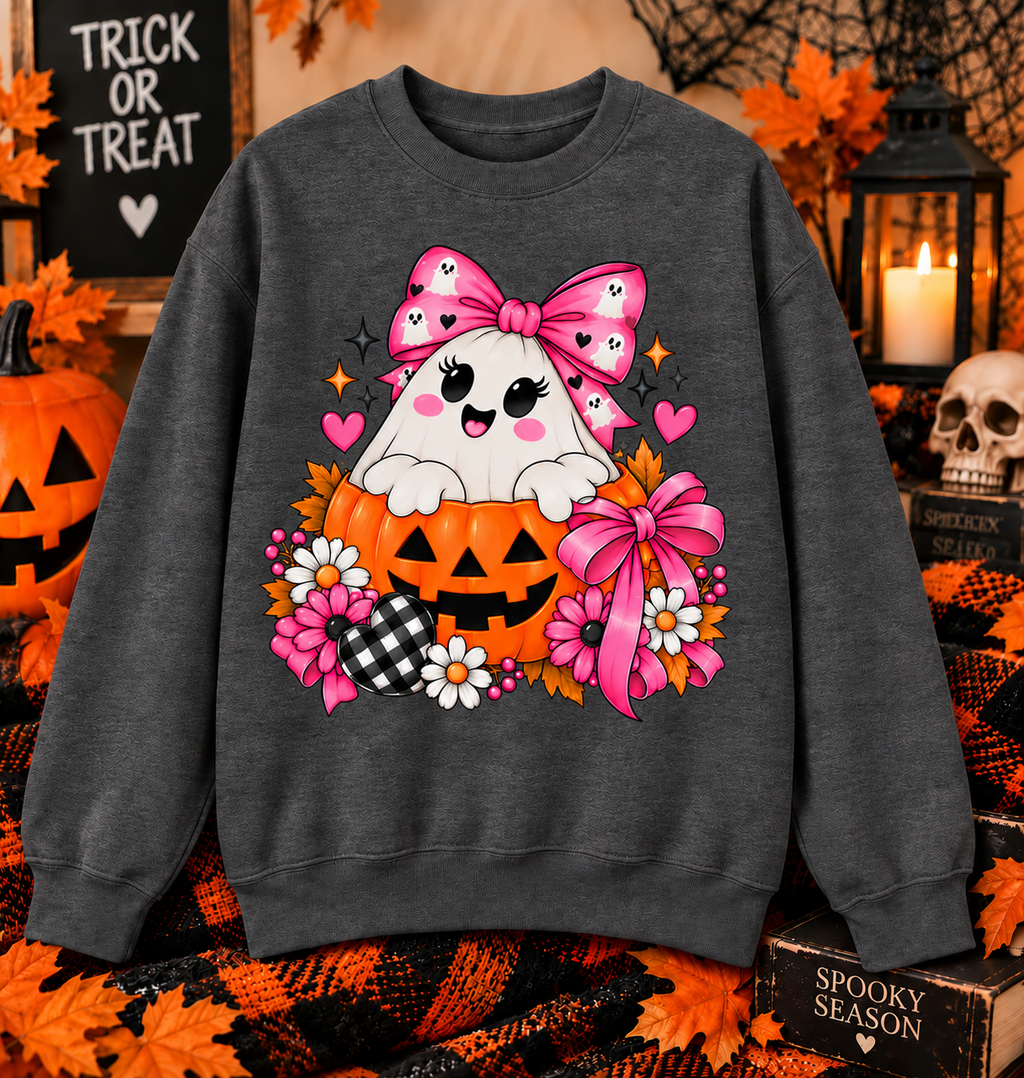 Ghost in a Pumpkin Halloween Sweatshirt | Pink Bow Crewneck