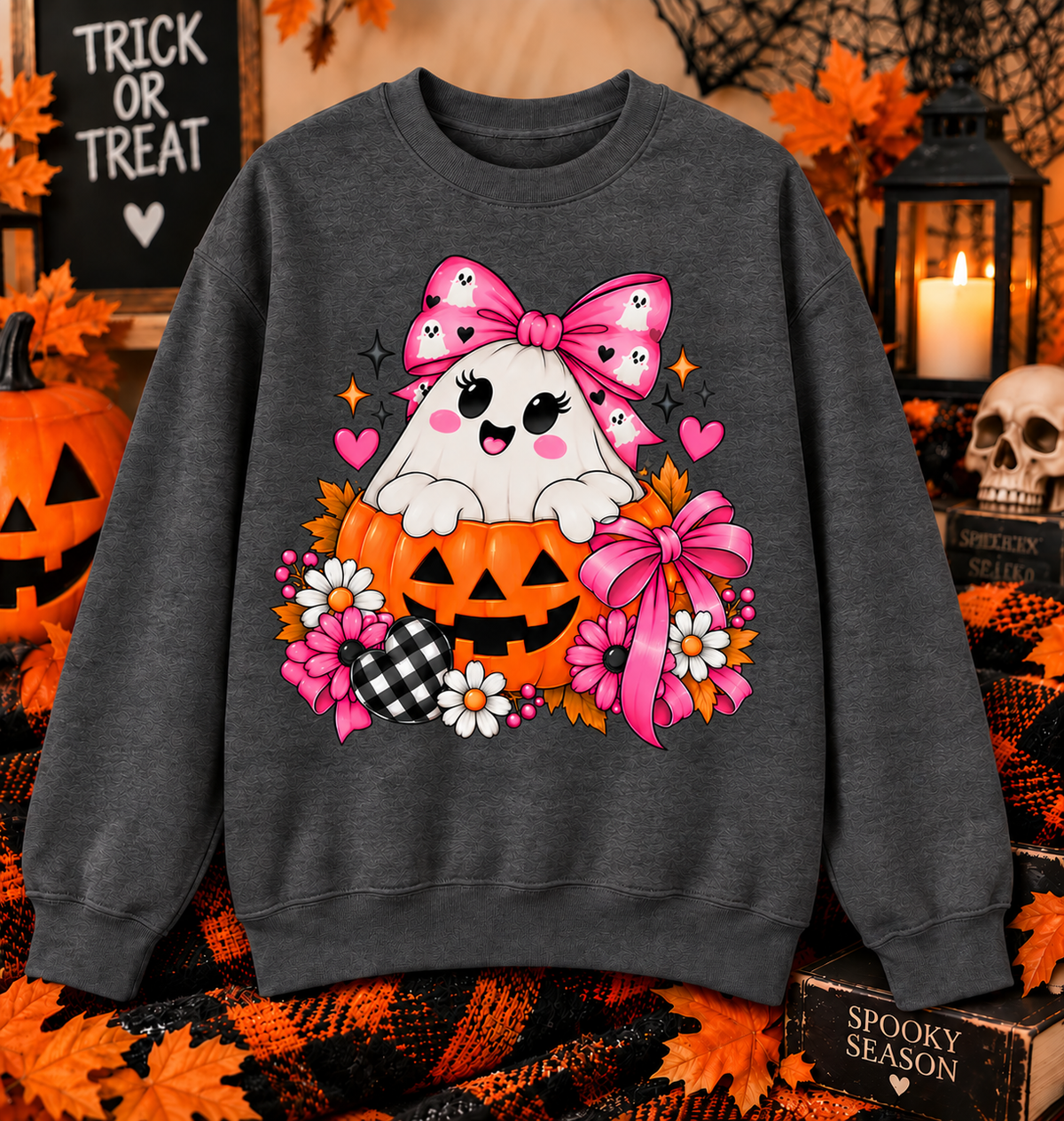 Ghost in a Pumpkin Halloween Sweatshirt | Pink Bow Crewneck