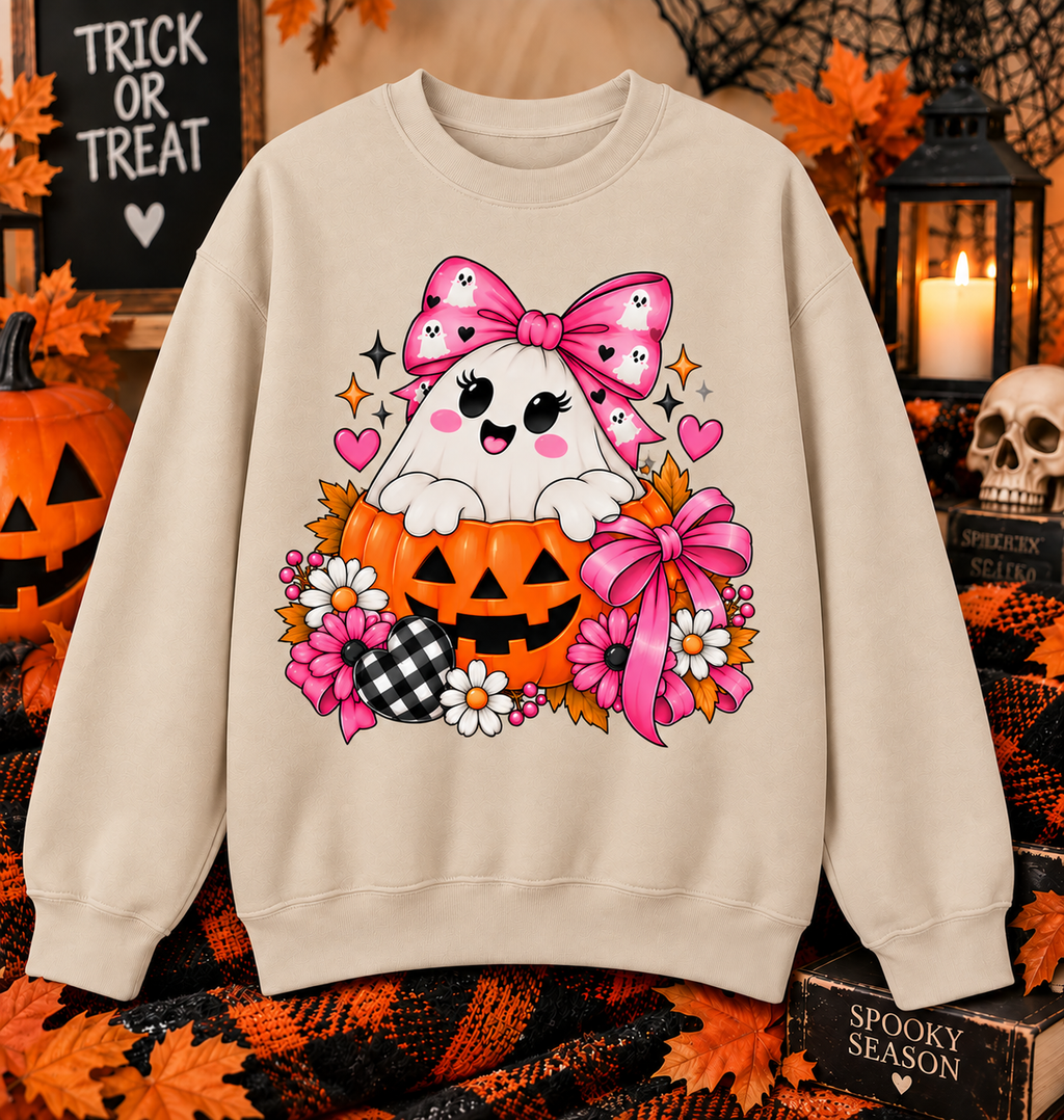 Ghost in a Pumpkin Halloween Sweatshirt | Pink Bow Crewneck