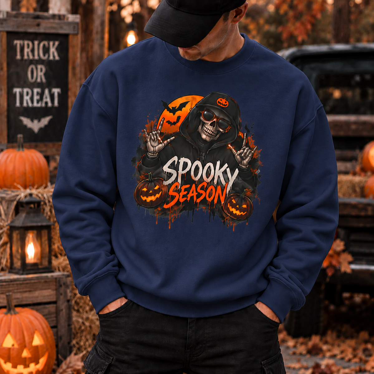 Men’s Spooky Season Halloween Sweatshirt | Skull Pumpkin Crewneck