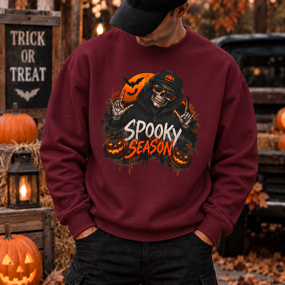 Men’s Spooky Season Halloween Sweatshirt | Skull Pumpkin Crewneck