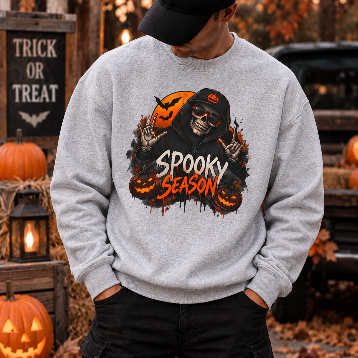 Men’s Spooky Season Halloween Sweatshirt | Skull Pumpkin Crewneck