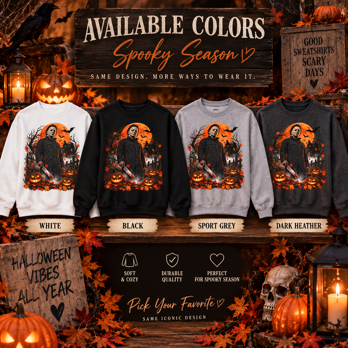 Vintage Horror Halloween Sweatshirt – Masked Slasher Pumpkin Night Crewneck