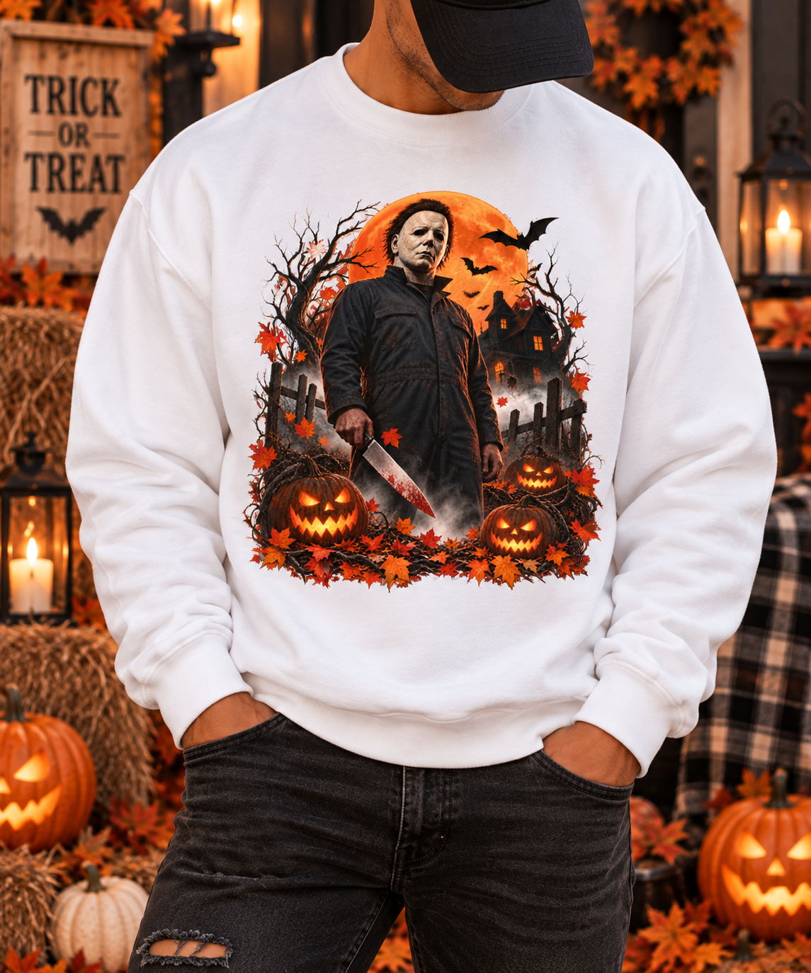 Vintage Horror Halloween Sweatshirt – Masked Slasher Pumpkin Night Crewneck