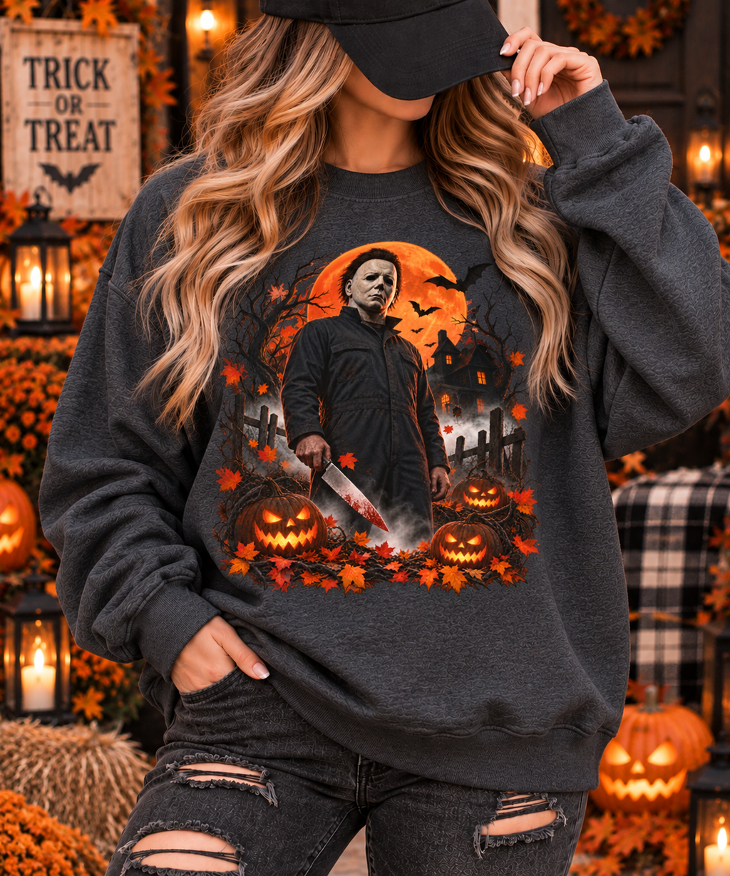 Vintage Horror Halloween Sweatshirt – Masked Slasher Pumpkin Night Crewneck
