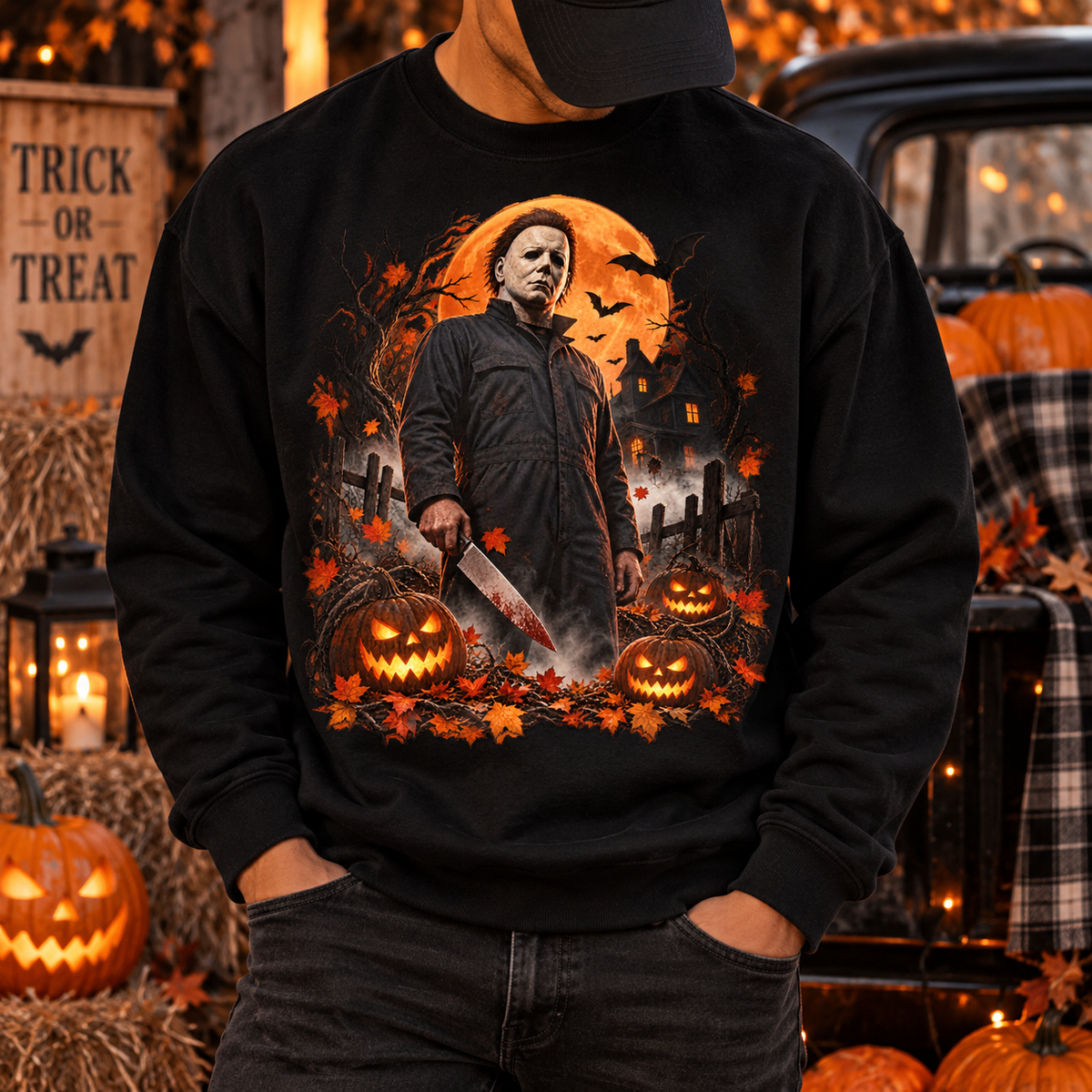 Vintage Horror Halloween Sweatshirt – Masked Slasher Pumpkin Night Crewneck