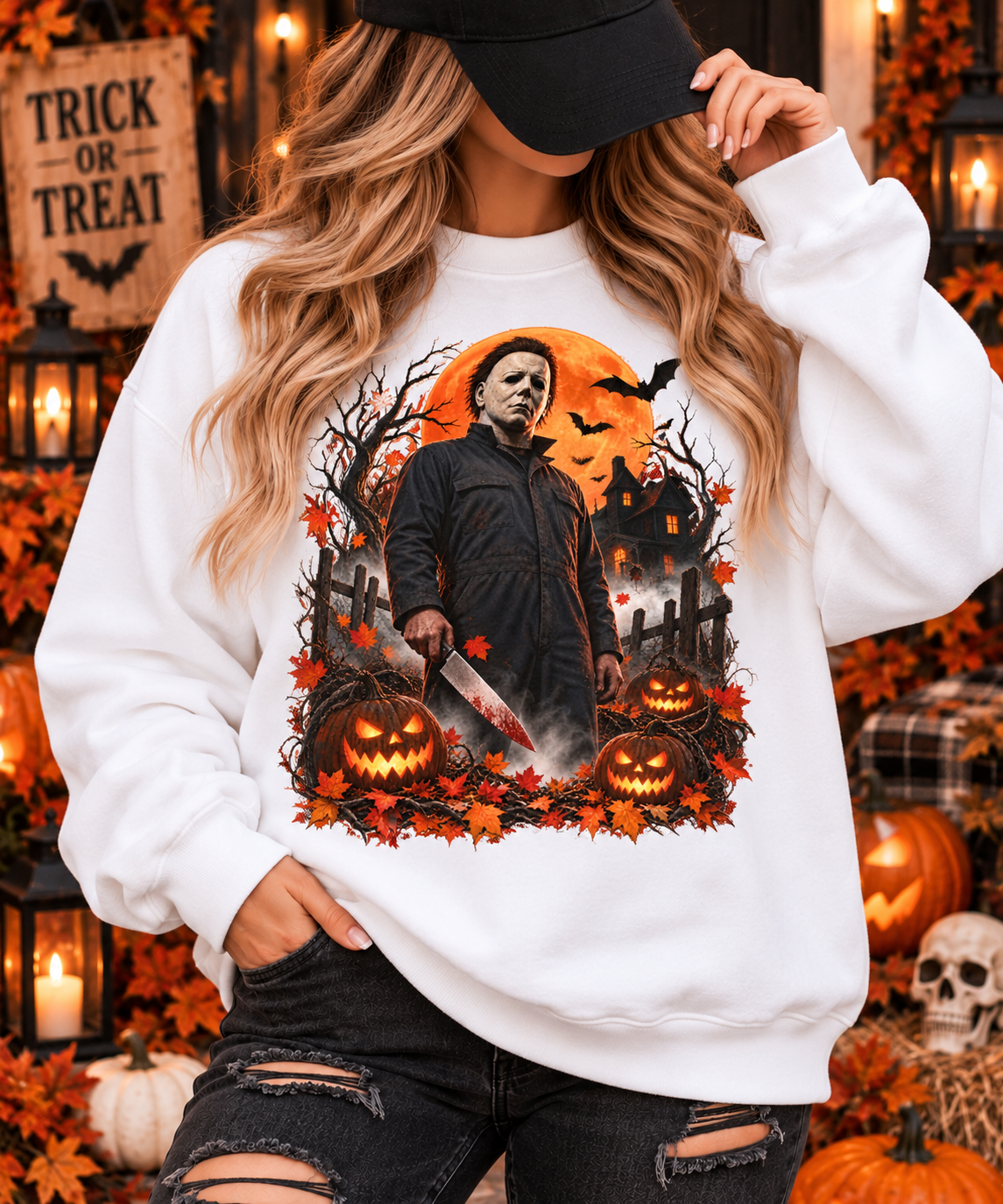 Vintage Horror Halloween Sweatshirt – Masked Slasher Pumpkin Night Crewneck