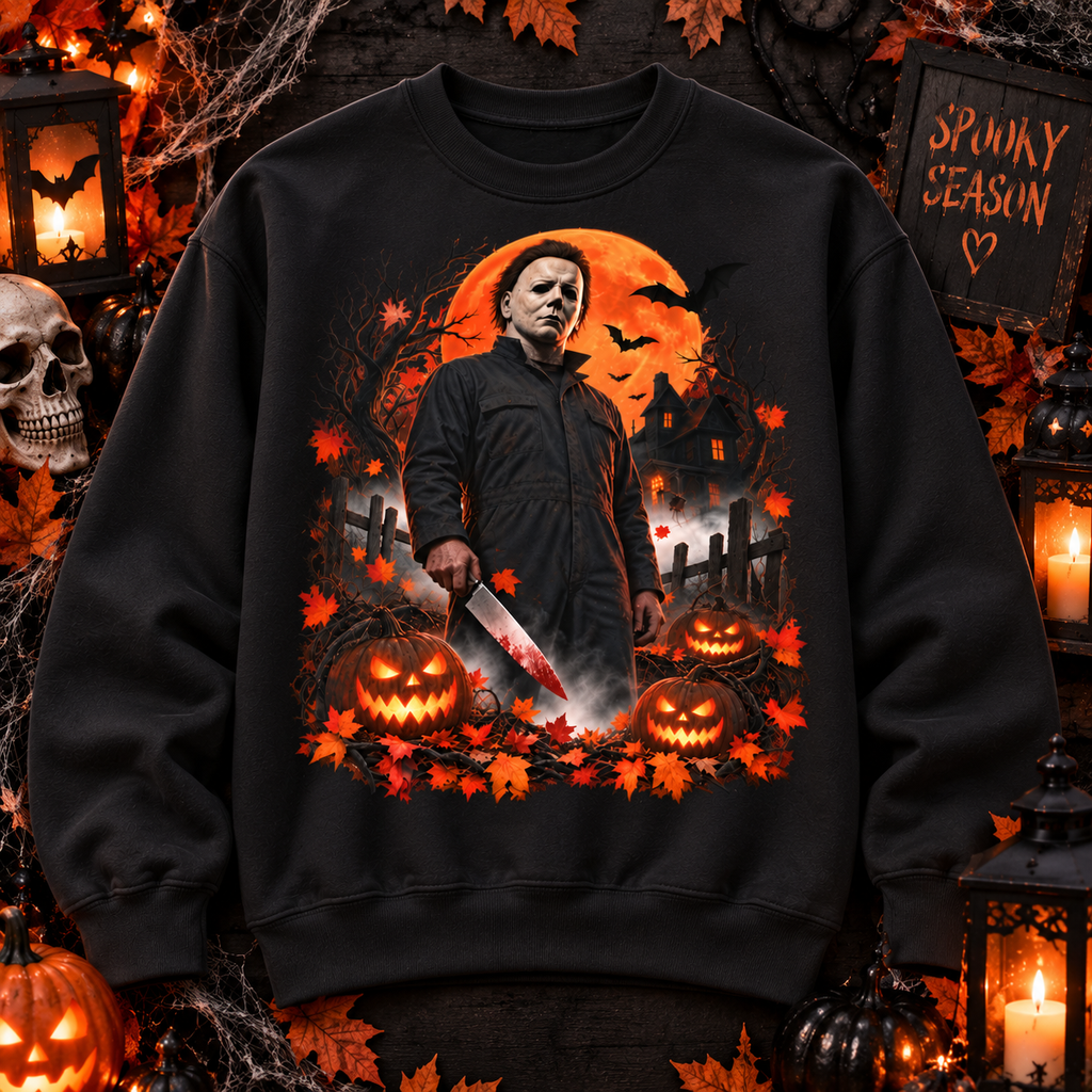 Vintage Horror Halloween Sweatshirt – Masked Slasher Pumpkin Night Crewneck
