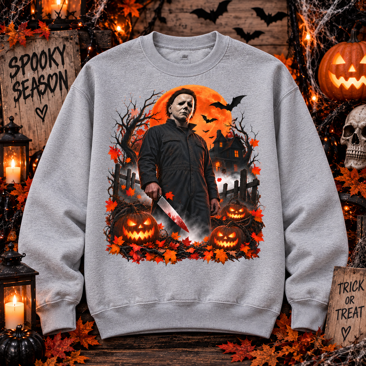 Vintage Horror Halloween Sweatshirt – Masked Slasher Pumpkin Night Crewneck