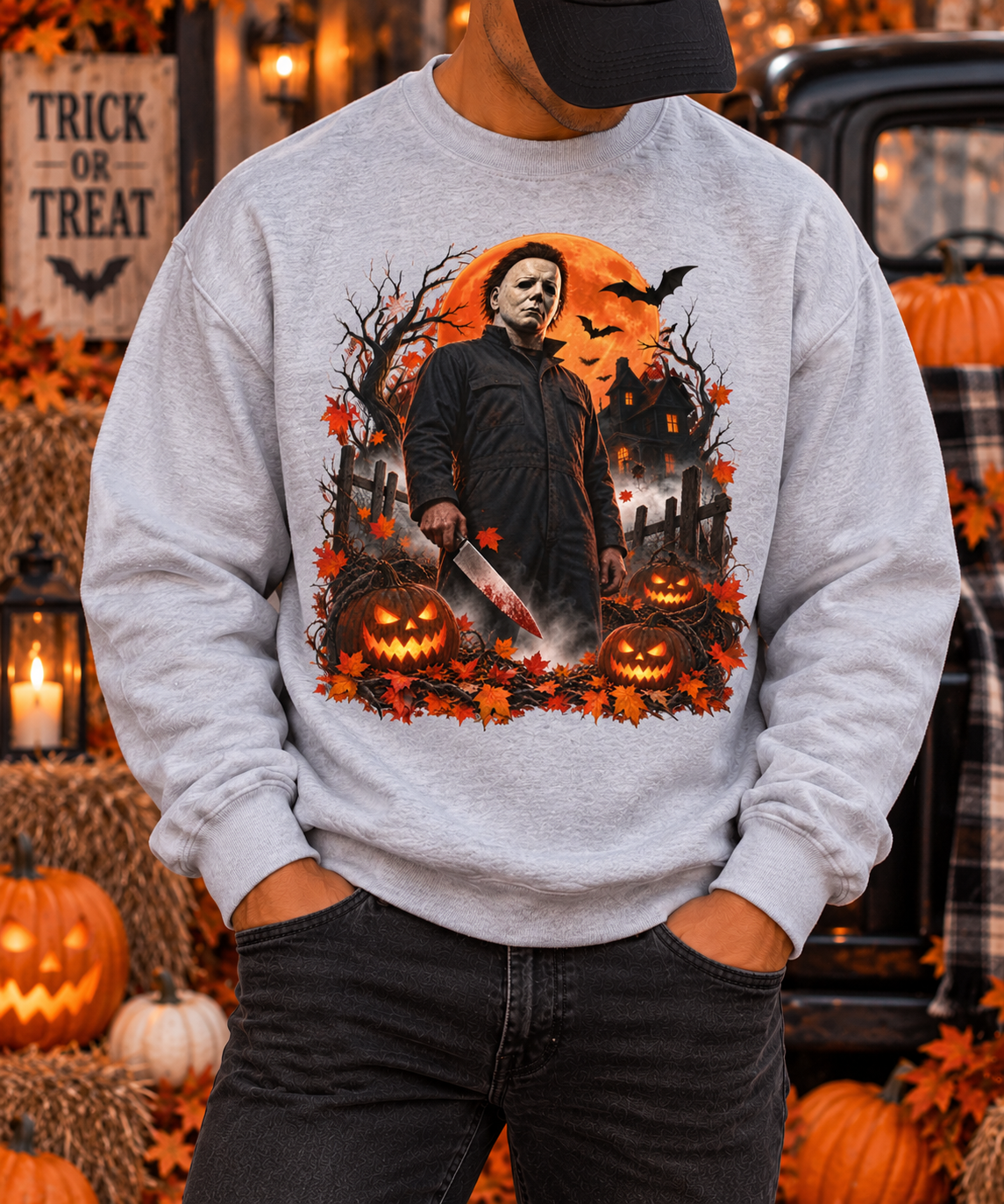 Vintage Horror Halloween Sweatshirt – Masked Slasher Pumpkin Night Crewneck