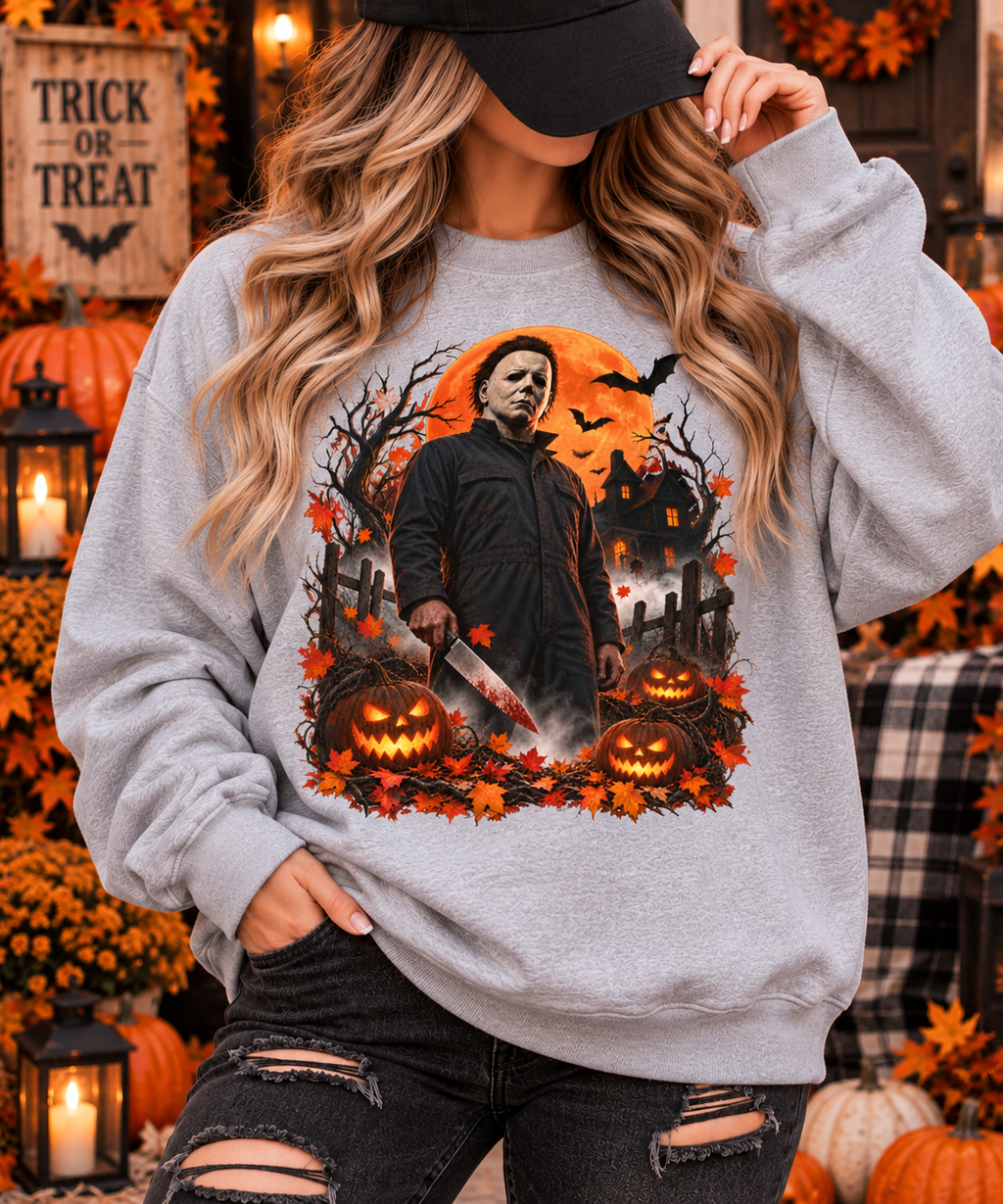 Vintage Horror Halloween Sweatshirt – Masked Slasher Pumpkin Night Crewneck