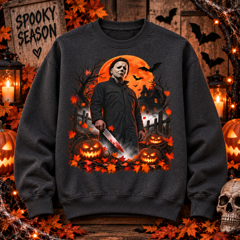 Vintage Horror Halloween Sweatshirt – Masked Slasher Pumpkin Night Crewneck